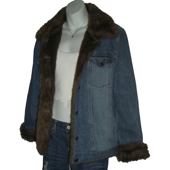 Vintage 90's Denim Jacket Faux Fur Penny Lane Fully Lined y2k Jean Coat Boho L - Picture 4 of 16